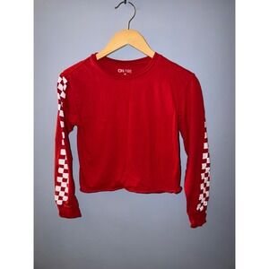 On Fire Womens Red Checkerboard Sleeve Cropped Long Sleeve T-Shirt Size M Cotton